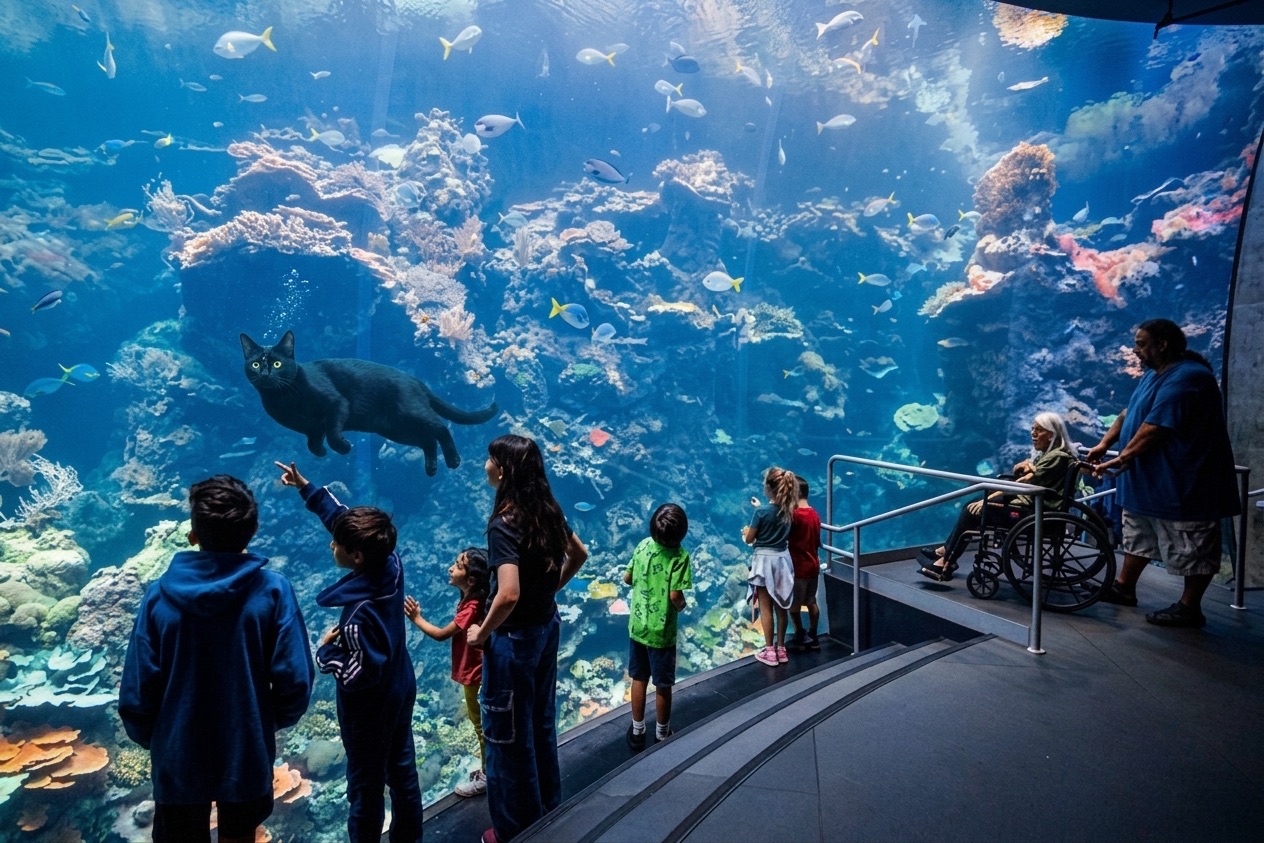 a black cat swimming through a coral reef tank at the California Academy of Sciences while visitors point